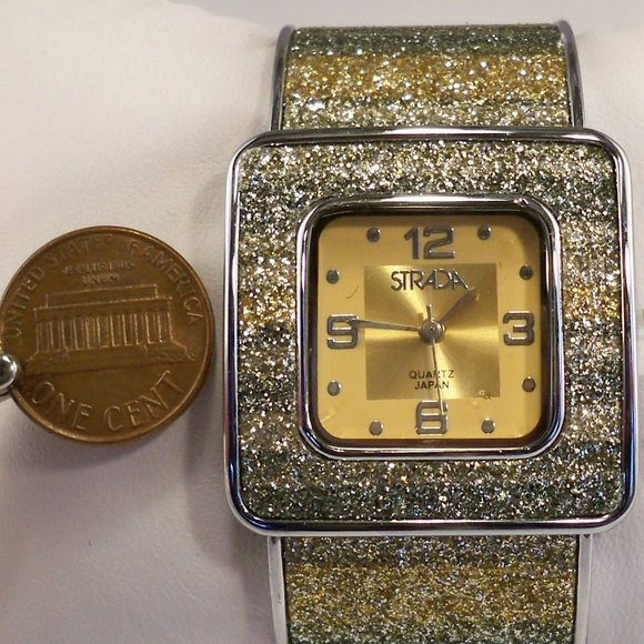 New Vintage Strada Gold Green Crystal Cuff Watch